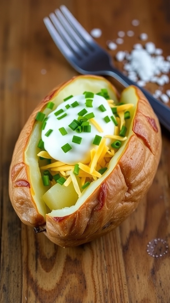 Classic Baked Potato Recipe A baked potato with sour cream, cheese, and chives on a wooden table.